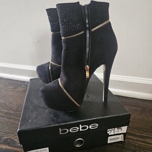 Bebe Black and Gold Studded Heeled Boots